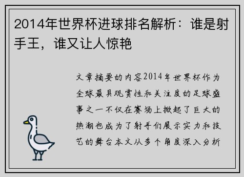 2014年世界杯进球排名解析：谁是射手王，谁又让人惊艳
