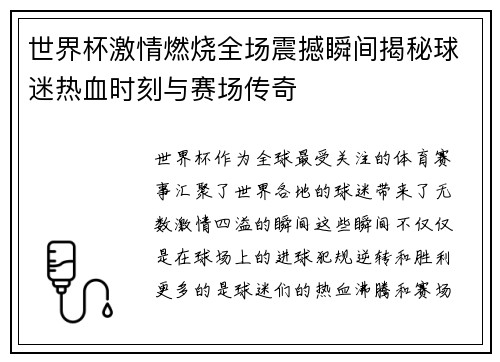 世界杯激情燃烧全场震撼瞬间揭秘球迷热血时刻与赛场传奇