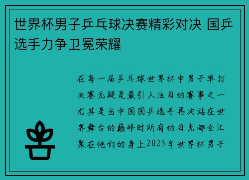世界杯男子乒乓球决赛精彩对决 国乒选手力争卫冕荣耀