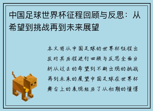 中国足球世界杯征程回顾与反思：从希望到挑战再到未来展望