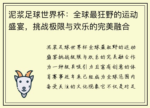 泥浆足球世界杯：全球最狂野的运动盛宴，挑战极限与欢乐的完美融合
