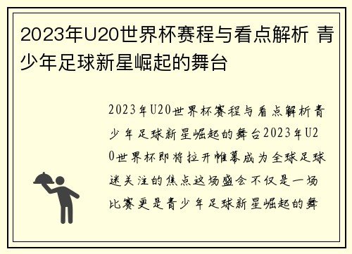 2023年U20世界杯赛程与看点解析 青少年足球新星崛起的舞台