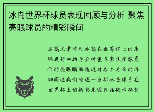 冰岛世界杯球员表现回顾与分析 聚焦亮眼球员的精彩瞬间