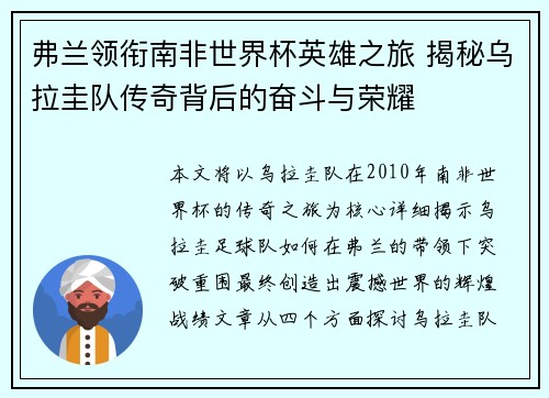 弗兰领衔南非世界杯英雄之旅 揭秘乌拉圭队传奇背后的奋斗与荣耀