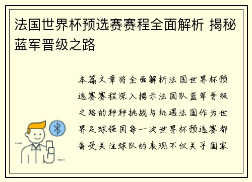 法国世界杯预选赛赛程全面解析 揭秘蓝军晋级之路