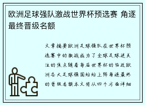 欧洲足球强队激战世界杯预选赛 角逐最终晋级名额